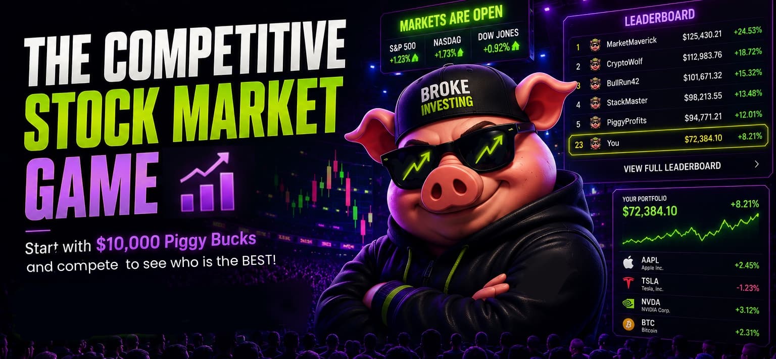 brokeinvesting — the competitive stock market game. Start with $10,000 Piggy Bucks and compete to see who's the best.